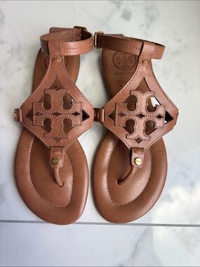 Tory Burch Phoebe Tan Leather Ankle Strap Gladiator Thong Sandals Size 6